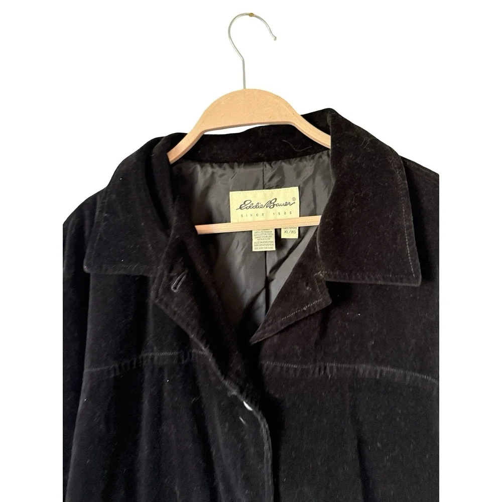 Vtg Eddie Bauer Womens XL Velvet Velour 3 Button Blazer Jacket Suit Coat Black - Picture 2 of 3
